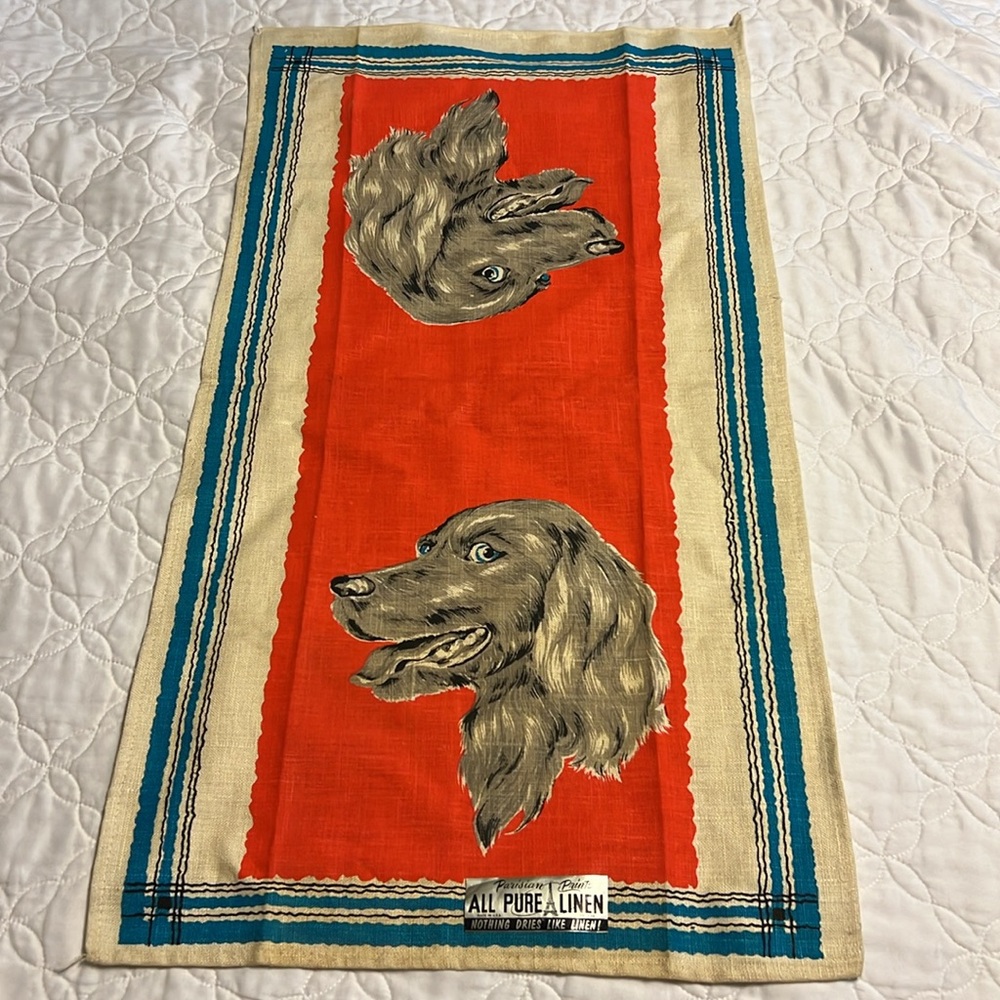 Vintage Made in USA linen tea towel with dog